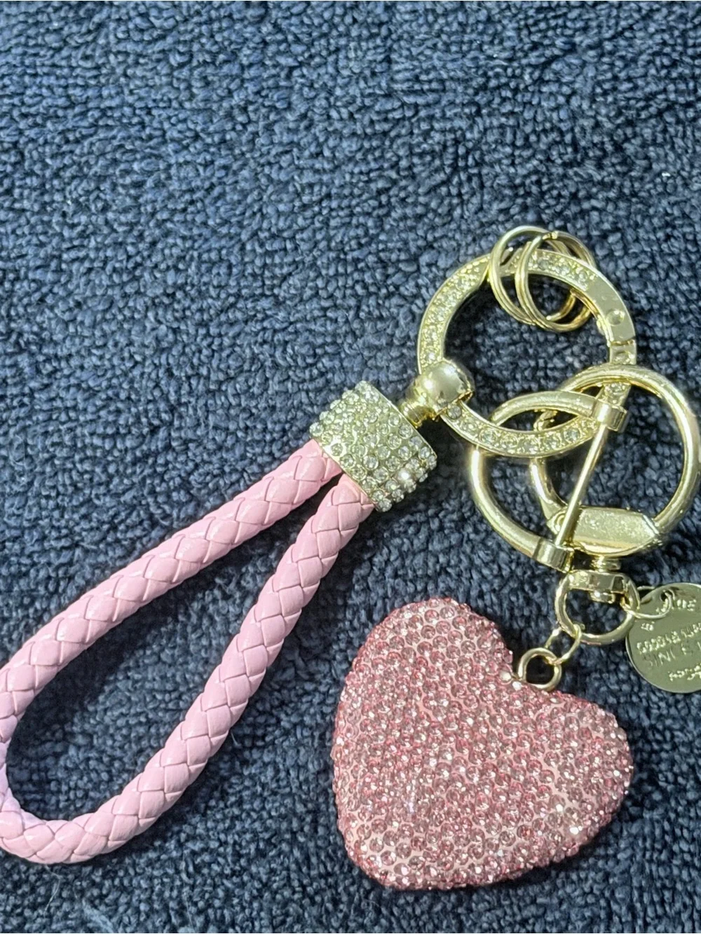 Pink Crystal Heart Keychain Wristlet with Gold Hardware